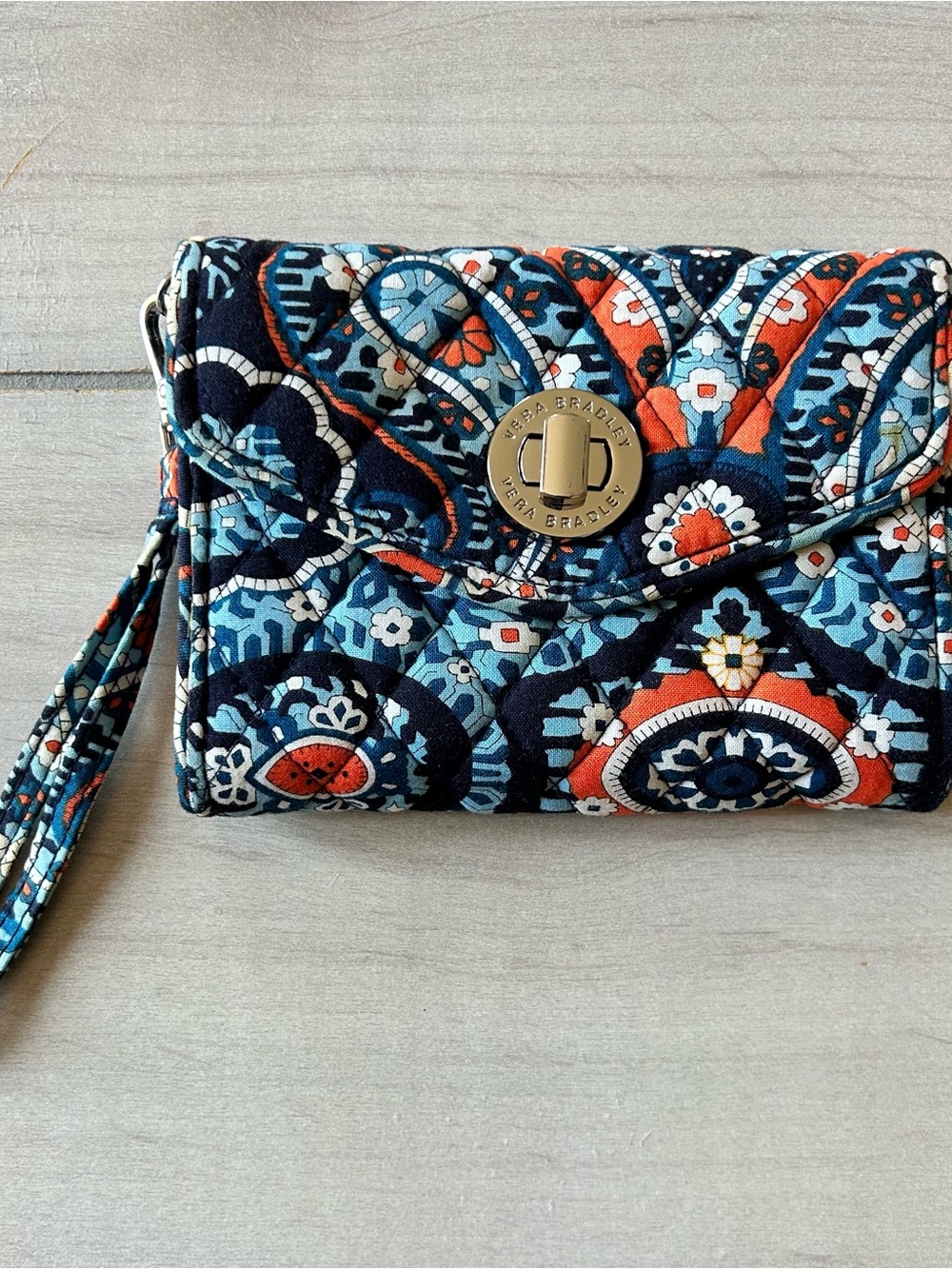 Vera Bradley Blue Orange Marrakesh Pattern Turnlock Quilted Wristlet Clutch